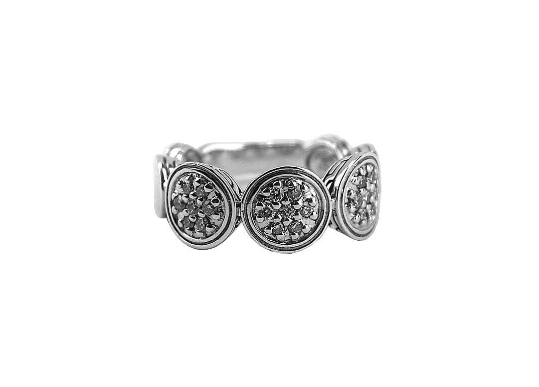 JOHN HARDY DOT BAND ST.SILVER RING WHITE DIAMONDS 0.33 TCW Sz 7 71R: BRAND NEW IN ORIGINAL BOX, POUCH & POLISHING CLOTH100% AUTHENTICJOHN HARDY GORGEOUS DOT BAND RING SIZE 7 - # 71RMADE OF SOLID .925 STERLING SILVEREMBELLISHED WITH WHITE DIAMONDS (0.33 TCW)Approximatel