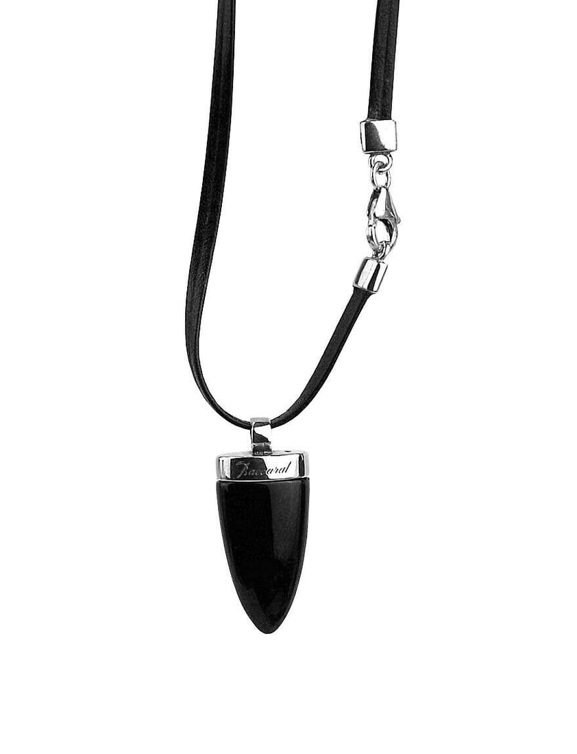 Baccarat Tribal Sterling Silver Onyx/ Leather Necklace: MADE IN FRANCE 100% AUTHENTIC BACCARAT "TRIBAL" PENDANT NECKLACE ON BLACK LEATHER CORD. .925 Sterling Silver Setting. Leather Cord: 22" Long Pendant: 32 mm Tall x 14 mm Wide x 9 mm Deep Main Stone: Bl