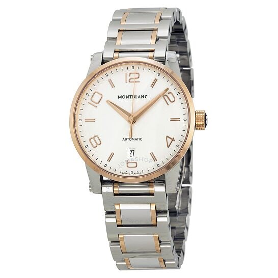 Montblanc Timewalker Silver Dial Two-tone Mens Watch 110329: Stainless steel case with a 18kt rose gold and stainless steel bracelet. Fixed 18kt rose gold bezel. Silver dial with gold-toned hands and alternating Arabic numeral and index hour markers. Minute