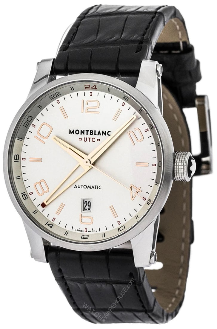 Montblanc 109136 Timewalker GMT Men's Watch: With Manufacturer Serial Numbers- Silver Dial- Date Feature- GMT 2nd Time Zone Feature- 42 Hour Power Reserve- Self Winding Automatic Movement- MontBlanc Caliber MB 24.05- Vibrations Per Hour: 28,800-