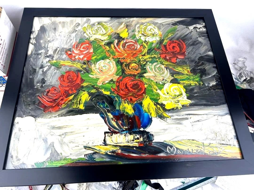 Morris Katz Signed Amazing Large Original Oil Painting, Framed "ROSES" 24"x 20": Morris Katz Signed Amazing Large Original Oil Painting, Framed Titled "ROSES" SIZE 24"x 20", 26" x 22" with FrameMorris Katz Signed Amazing Original Oil Painting Nice Frame Great Condition, 1994. BE A