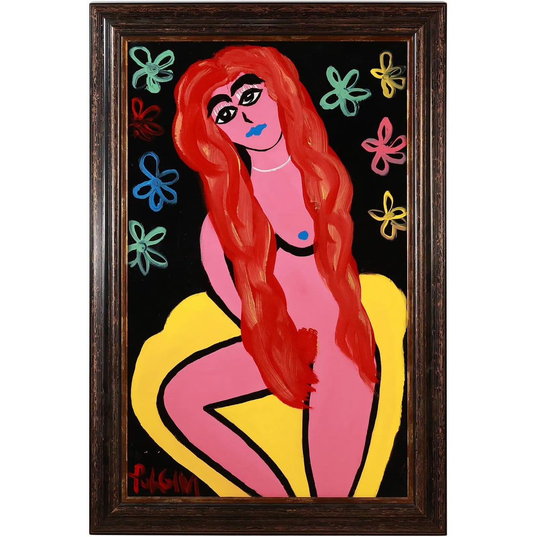 Thomas Pulgini,Large Oil Painting 45" x 30" with frame, American, Pop-Art Nude Woman with Flowers (1 of 10)