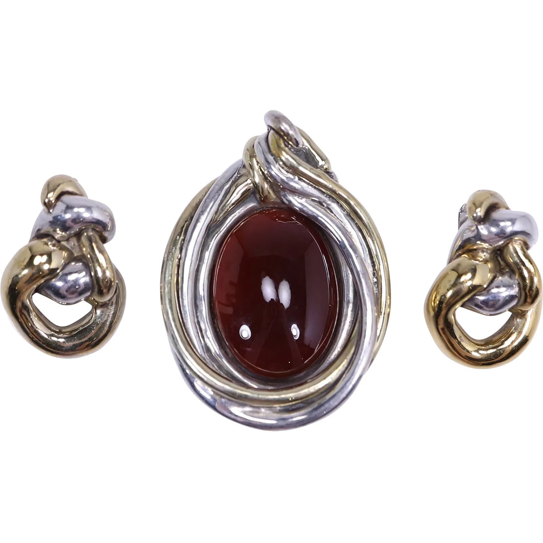 .925 Sterling Silver 68 grams Pin / Pendant with Large Carnelian Stone 2 1/8 in. x 3 in.; .925 Sterl: Gorgeous .925 Sterling Silver 68 grams Pin / Pendant with Large Carnelian Agate 2 1/8 in. x 3 in.; .925 Sterling 2-tone Wax Braid Clip-on Earrings 1 1/4 in. x 1 1/2 in.100% Authentic, Marked and Teste