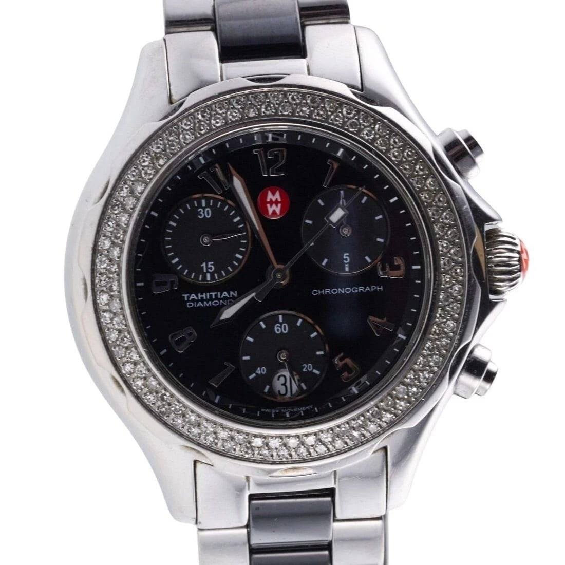 MICHELE New Tahitian Ceramic Diamond Stainless St. Chronograph MWW12e000003 BOX: MICHELE Brand New Tahitian Ceramic Diamond Stainless Steel. Swiss Made Chronograph Women/ Unisex Watch. Reference Number: MWW12e000003.Case Size: 35 mm; Case Material: Stainless Steel; Display: Analog