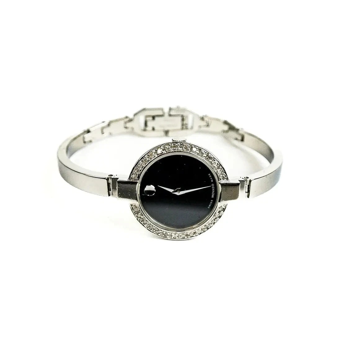 Movado Bela Stainless DIAMOND Bazel Black Dial Ladies Museum Bangle Watch MINT: Movado Bela Stainless DIAMOND Bazel Black Dial Ladies Museum Bangle Watch. Swiss Made Hand Installed Good Quality Genuine White diamond bezel. Reference Number: 84 A1 1830. 100% Authentic. Comes in a 