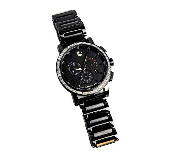Men's Movado Black Chronograph Triple Dial w/PBD band Diamond Watch #68: Men's Movado Black Chronograph Triple Dial Diamond Watch with PVD Coated Strap / Band #68Dial window material type: Sapphire CrystalClasp: Push-button-claspCase material: Stainless-steelCase diameter: