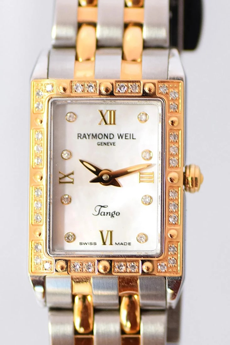 Raymond Weil Two-Toned Women’s 18K Gold Diamond Mother Of Pearl Dial Sapphire: GORGEOUS RAYMOND WEIL TANGO 18K GOLD & STAINLESS STEEL MOTHER OF PEARL DIAL WITH GREAT QUALITY (40) WHITE DIAMONDS AND DIAMONDS BEZEL LEDIES WATCH.ORIGINAL BRACELET. SWISS MADE, QUARTZ MOVEMENT.COMES 