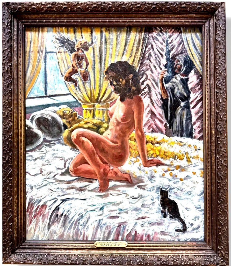 Vladimir Gavrilov (Russian 1923-1970) ZEUS & DANAIA c.1950s Oil Painting 24x 20: Beautiful Rare Historical Art by Vladimir Gavrilov (Russian 1923-1970) ZEUS & DANAIA c.1950s Oil Painting 24x 20Well - known Moscow School Artist, Vladimir Gavrilov (Russia, 1923-1970).Painting titled