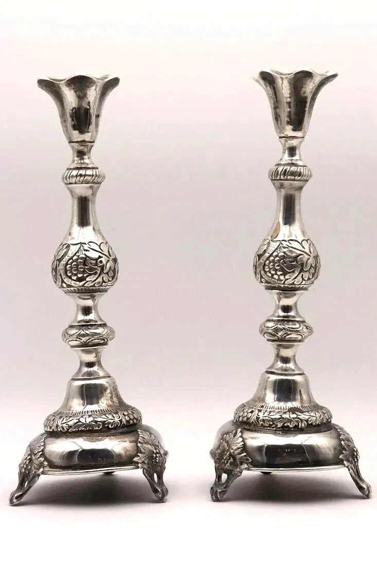 Late 19th C. Pair of Russian Sabbath Candelsticks. Stamped "84" 18.10 OZ 12" H. (1 of 8)