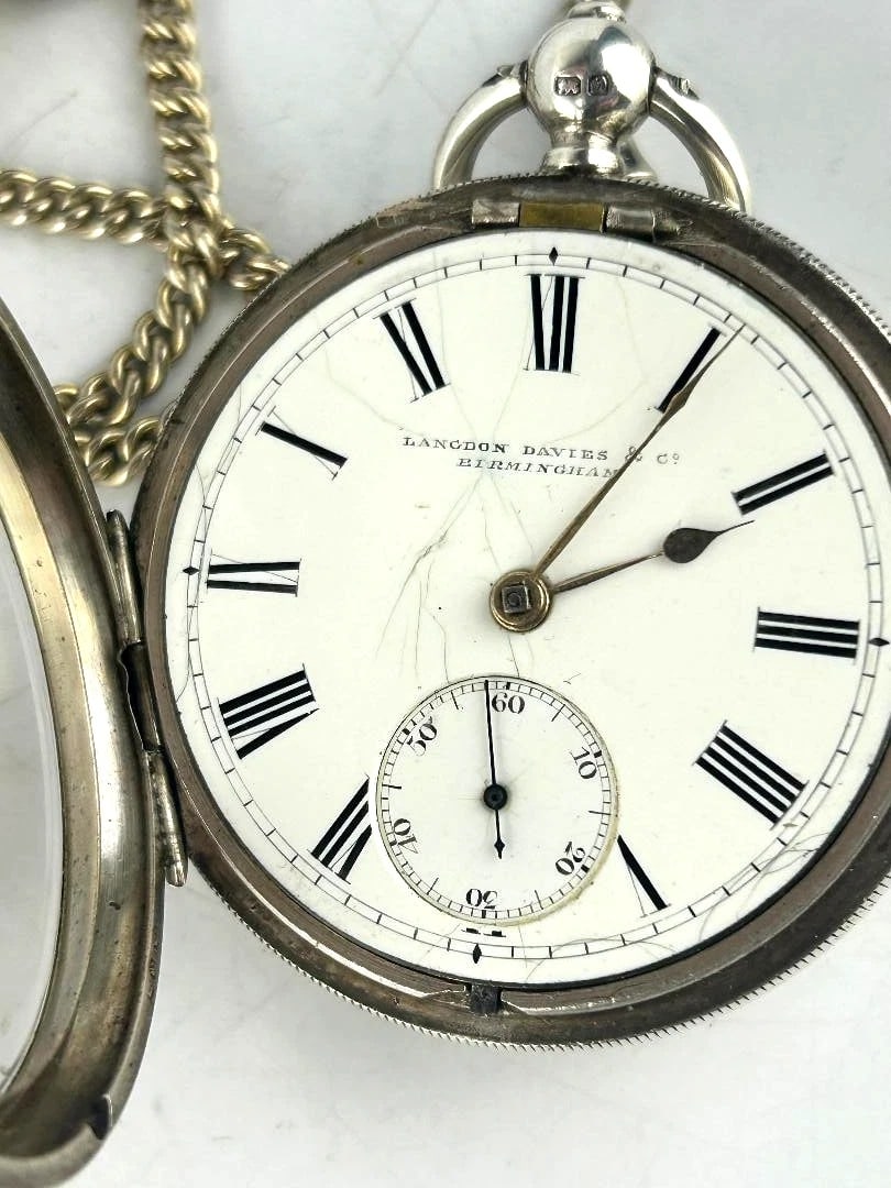 Antique Solid Silver Langdon Davies & Co Birmingham Pocket Watch w. Key, Working: Antique Solid Sterling Silver Large Langdon Davies & Co Birmingham Pocket Watch Circa 1904 w. Key and Chain, Perfect Working Condition 100% AuthenticGood Antique Working Condition. Please see all pict
