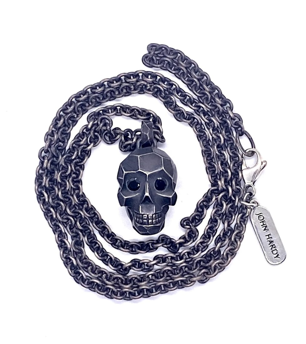 JOHN HARDY Men's John St. Silver Black Sapphire eyes SKULL Necklace Pendant #19 (1 of 9)