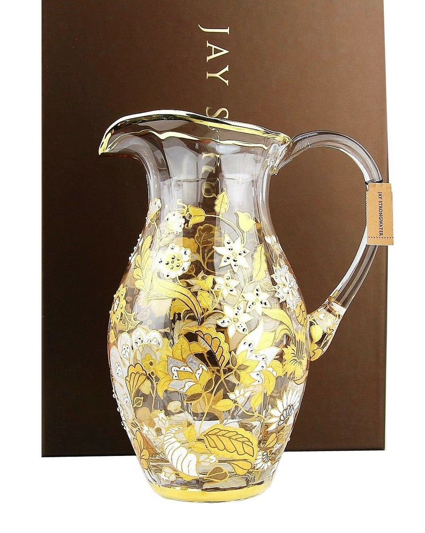 JAY STRONGWATER ARABELLA FLORAL VINE PITCHER: JAY STRONGWATER FLORAL VINE PITCHER - PLATINUMName: ARABELLA Glass Made in PortugalHand-painted enamel over metal Hand-set IN USA Swarovski Crystals. 9.25" Tall x 7.25" Deep x 4.5" Body DiameterBRAND 