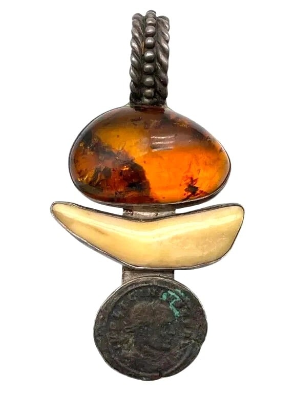 Rebecca Collins Rare Vintage Sterling Silver & Amber Ancient Coin Large Pendant: Rebecca Collins Dallas Rare Vintage Sterling Silver, Amber and Yellow Jasper Ancient Coin Large Pendant. 100% Authentic.