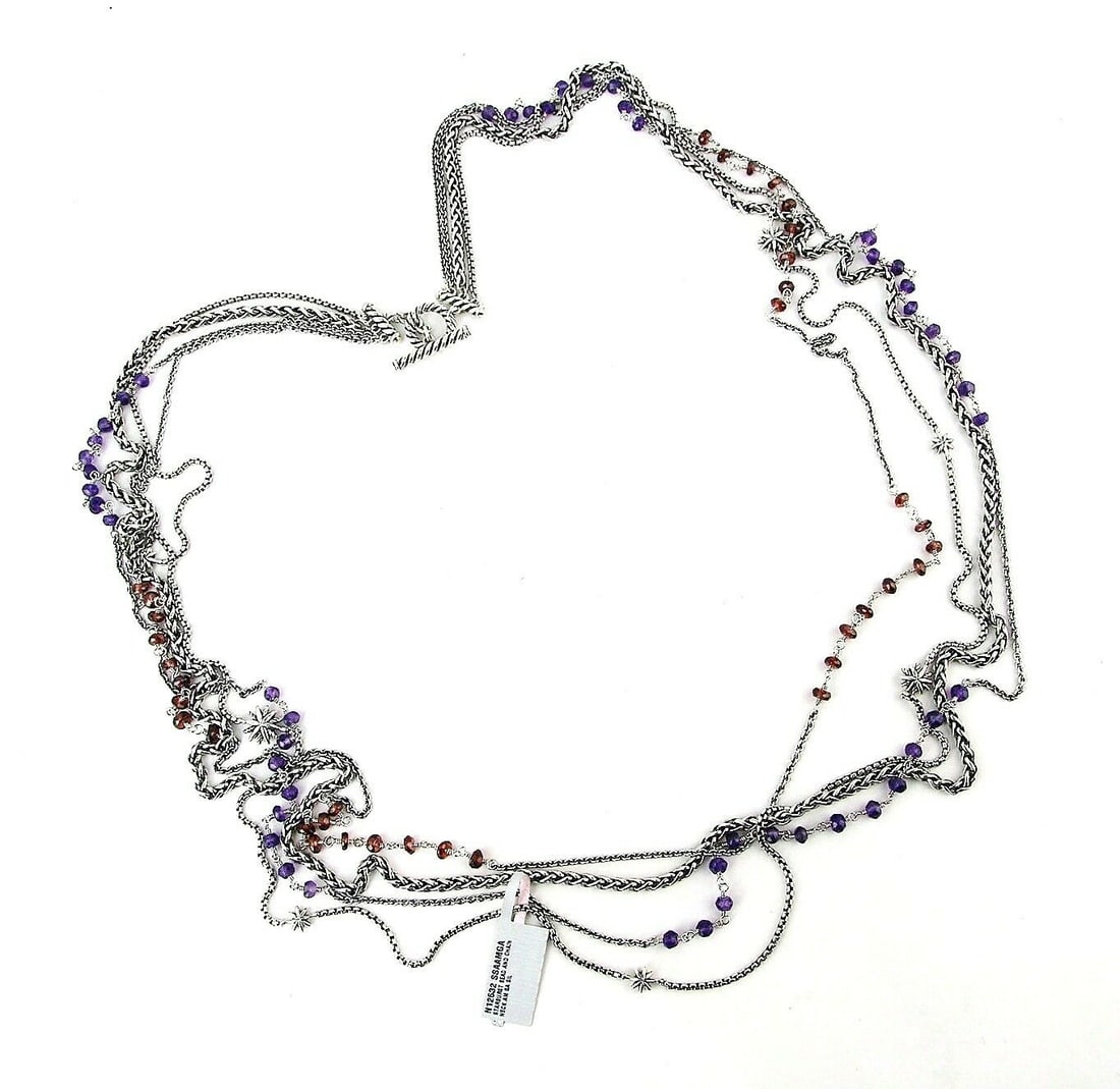 DAVID YURMAN STARBURST ST. SILVER AMETHYST GARNET BEAD 36" NECKLACE NEW BOX 6N: 100% BRAND NEW IN ORIGINAL BOX & POUCH100% AUTHENTICAbsolutely UNIQUE & GORGEOUS! DAVID YURMANGORGEOUS STARBURST GARNET & AMETHYST BEAD & CHAIN NECKLACE - #6NMADE OF SOLID .STERLING SILVER4 CHAINS, WI