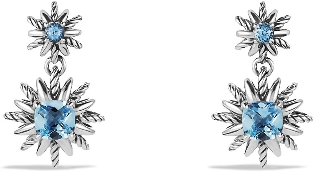 DAVID YURMAN STARBURST DOUBLE DROP BLUE TOPAZ EARRINGS: DAVID YURMAN13 mm STARBURST DOUBLE DROP EARRINGSBLUE TOPAZMADE OF SOLID .925 STERLING SILVEREarrings: 13 mm DiameterEach Topaz (larger one): 5 mm DiameterORIGINAL BOX, POUCH & POLISHING CLOTH