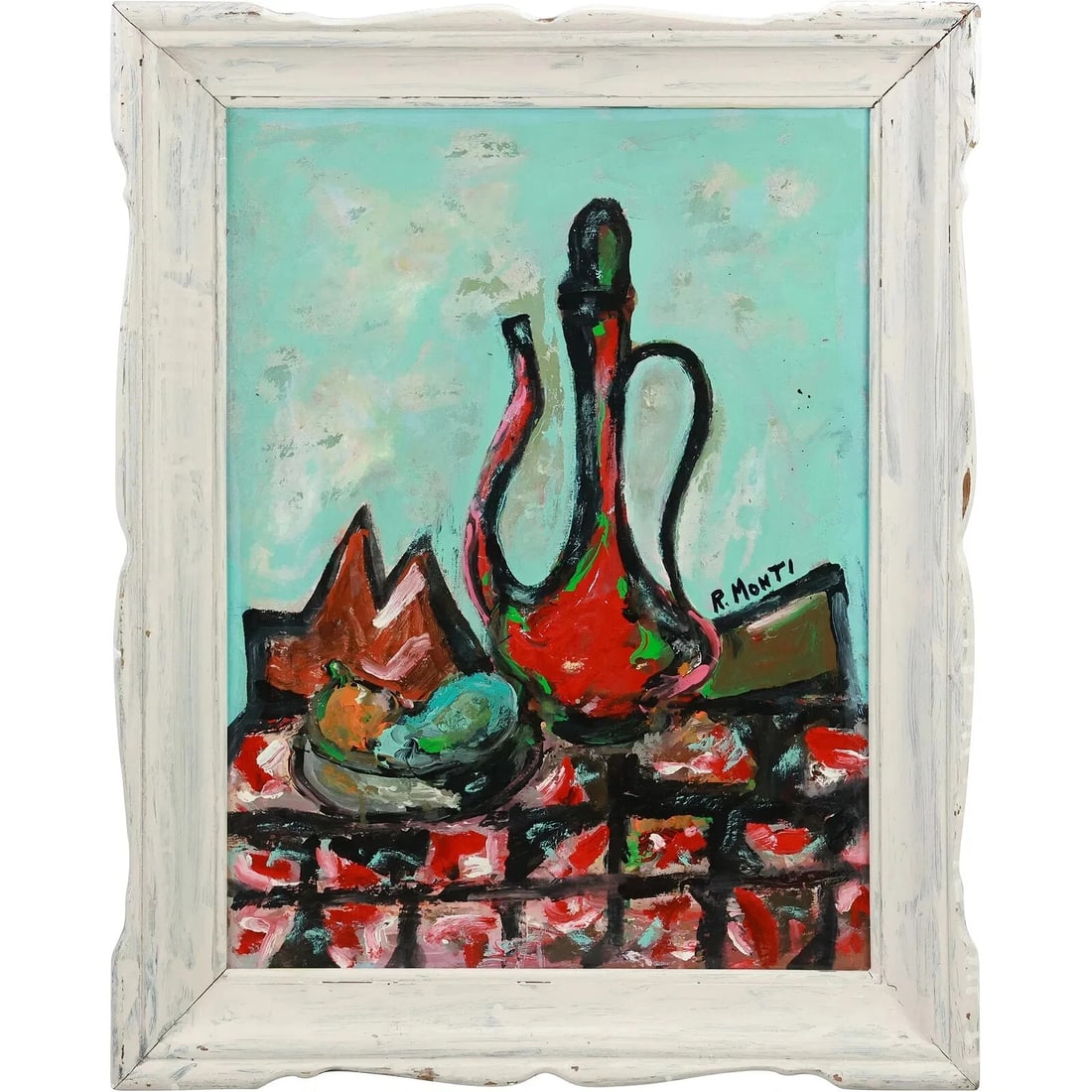 Rocco Monticolo, R Monti, 1931-2022, Oil on Canvas Painting ABSTRACT TABLE TOP: Rocco Monticolo, R Monti, 1931-2022, Large Oil on Canvas Painting ABSTRACT TABLE TOP STILL LIFE. Well Listed American Artist. 100% Authentic size: 18 x 24 frame: 23 x 29 ; GOOD VINTAGE CONDITION, FRAM
