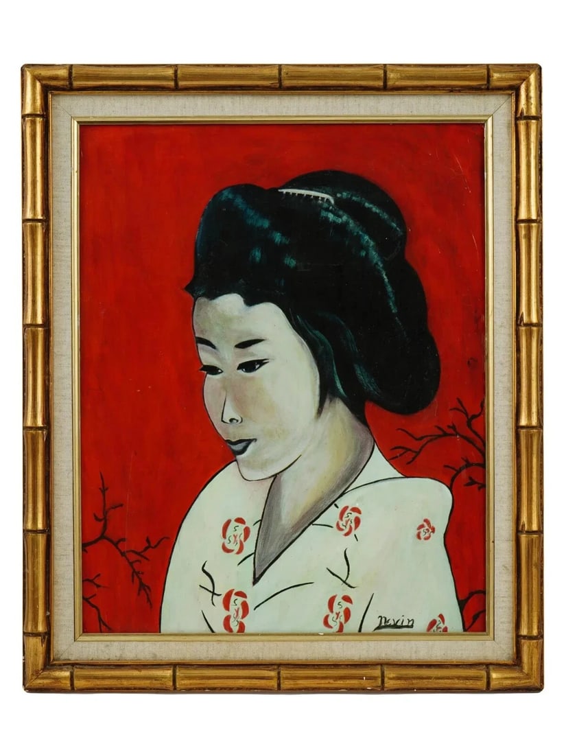 JAPANESE GEISHA WOMAN PORTRAIT ORIGINAL OIL PAINTING SIGNED BY ARTIST NEVIN: JAPANESE GEISHA WOMAN PORTRAIT ORIGINAL OIL PAINTING SIGNED BY ARTIST NEVIN 24" X 20" NICE FRAMEA Modern oil painting on board depicting a portrait of a Geisha lady. Signed by the artist, Nevin, lower