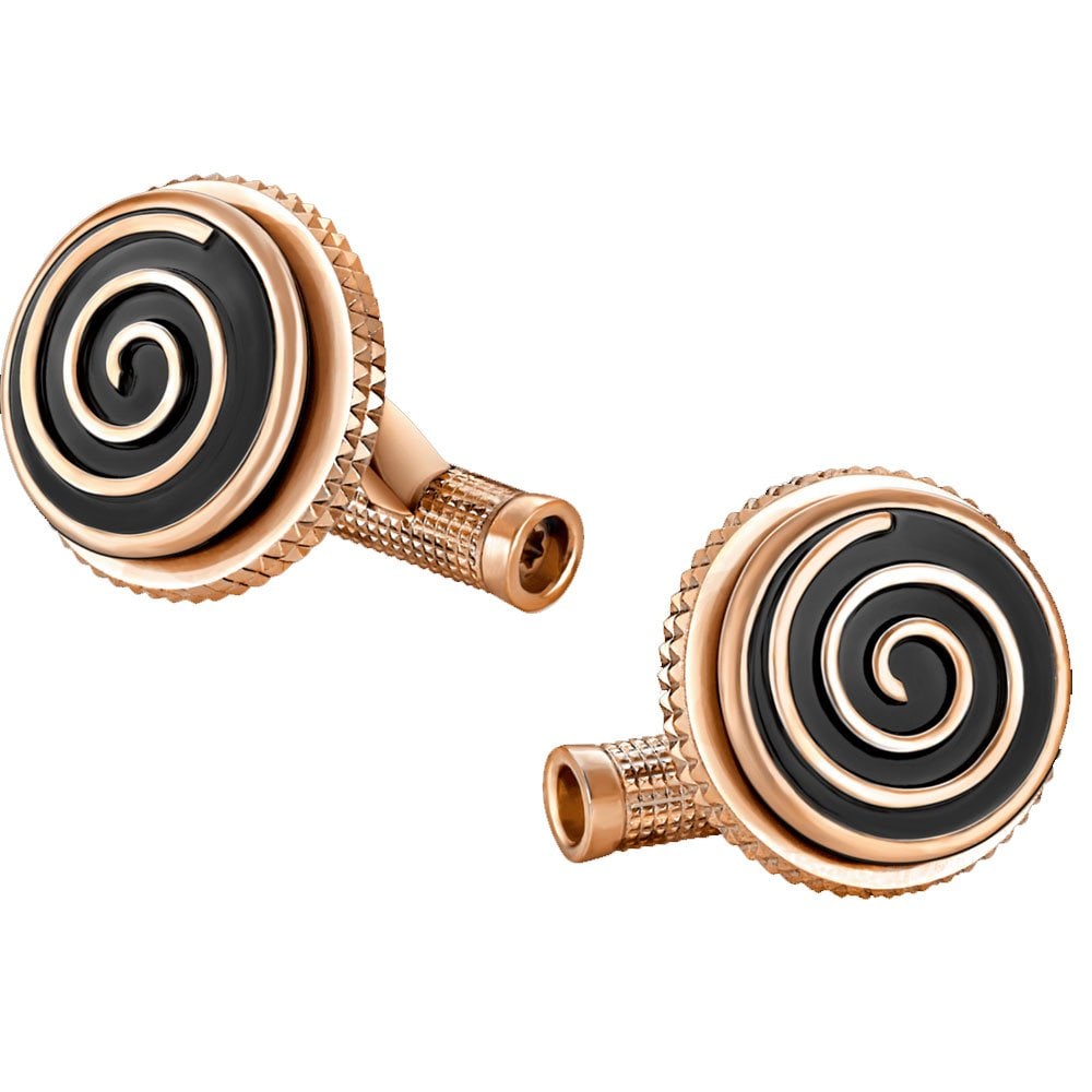 Montblanc 114780 Jazz Cuff Links: A pair of Montblanc cufflinks from the Great Characters Miles Davis collection. This set of cufflinks is crafted in rose gold PVD stainless steel with spiral motifs. Dimensions: 16 mm.