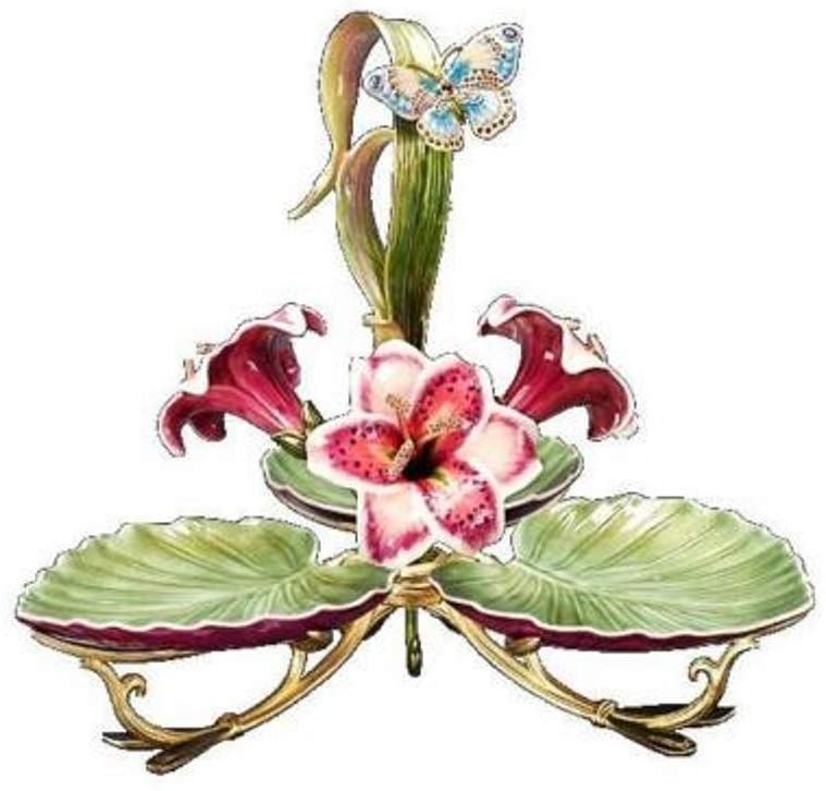 JAY STRONGWATER GIVERNY PEARL PORCELAIN LEAF LRG TRIPLE SERVER SWAROVSKI CRYSTALS: JAY STRONGWATER PORCELAIN PEARL TRIPLE LEAF SERVER From GIVERNY Collection Name: PEARL Color: ROSE CELADON EXTREMELY RARE ITEM! Enamel over metal Hand-set Multicolor Swarovski Crystals. 14.25" High x 