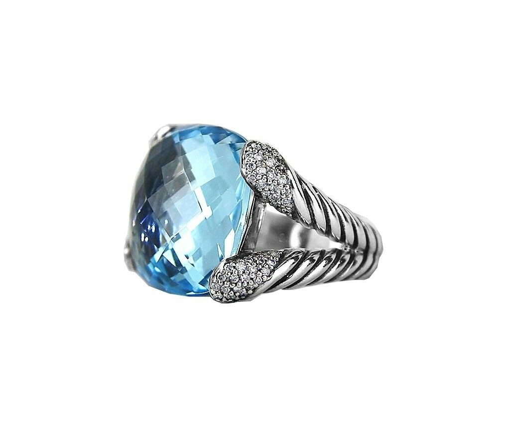 DAVID YURMAN 17mm LARGE TOPAZ DIAMOND COCKTAIL sz. 6.5: DAVID YURMAN STERLING SILVER 17mm LARGE TOPAZ DIAMOND COCKTAIL RING #8R DAVID GORGEOUS .925 STERLING SILVER RINGSterling Silver & David Yurman Signature17 mm x 17 mm Large Blue Topaz (You Will See Ski