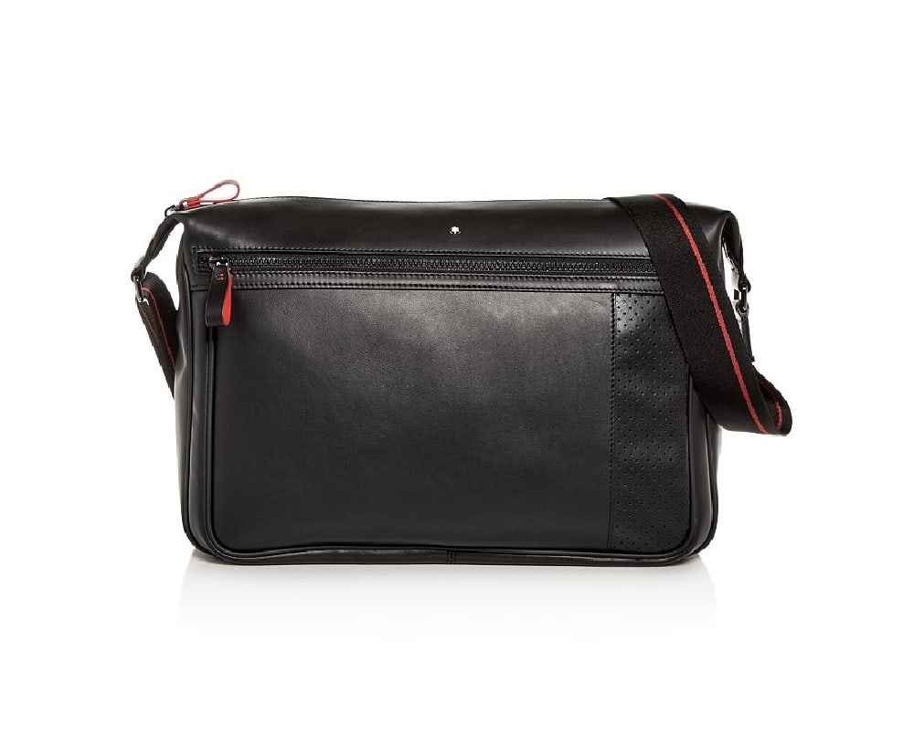 Montblanc Urban Racing Spirit Messenger bag: Messenger bag combines smooth and perforated soft leather. A special jacquard lining with red-on-black detailing recalls the red line of the adjustable strap and zip pullers. With one main compartment