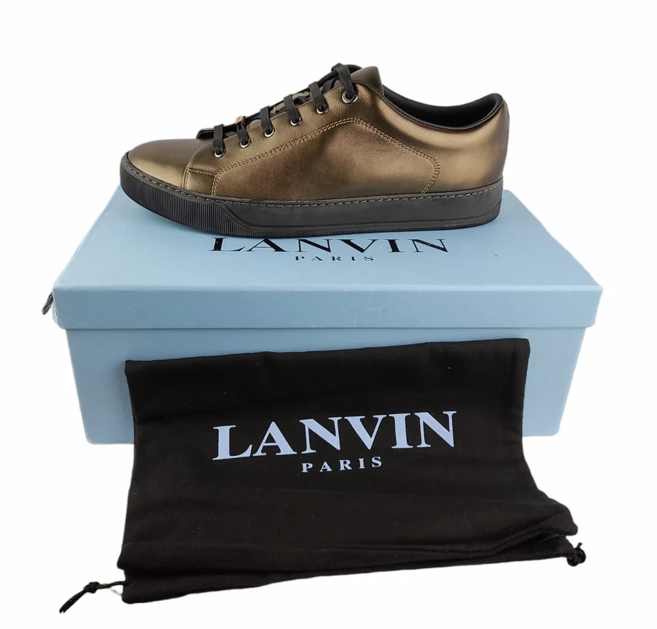 LANVIN Brown Low Top Metalizsed Brass Sneakers Leather Rubber Sz 12 New Box #3: LANVIN100% BRAND NEW, 100% AUTHENTICIN ORIGINAL LANVIN BOX - #3TOP MADE OF 100% METALIZED BRASS LEATHER100% RUBBER SOLEEXTREMELY COMFORTABLE!Color: BRASSUS SIZE: 12Outsole: 12.5" Long x 4.5" Widest Po