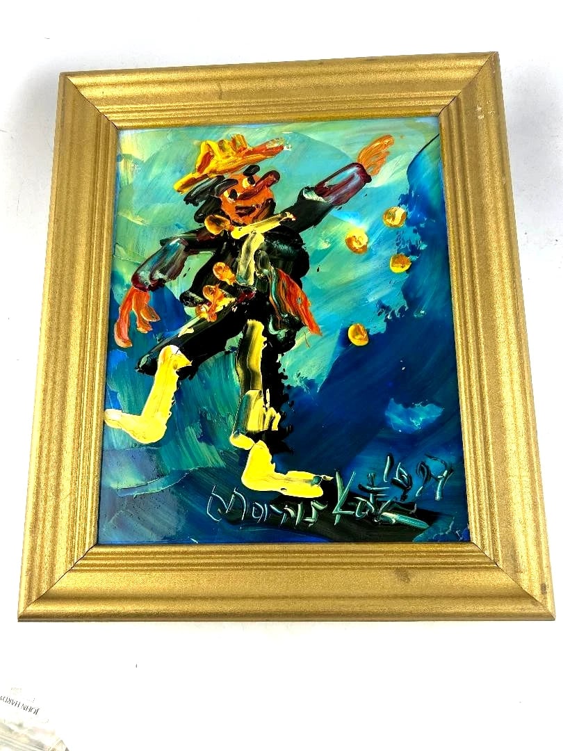 Morris Katz Original Oil Painting 14" x 11" Signed "Dancing Clown" Nicely Framed: Morris Katz Original Oil Painting, 14" x 11", Signed "Dancing Clown," Nicely FramedGorgeous Vintage Signed Morris Katz Original Oil on Board Painting, Dancing Clown. 100% Authentic Measures 14"x 11"; 