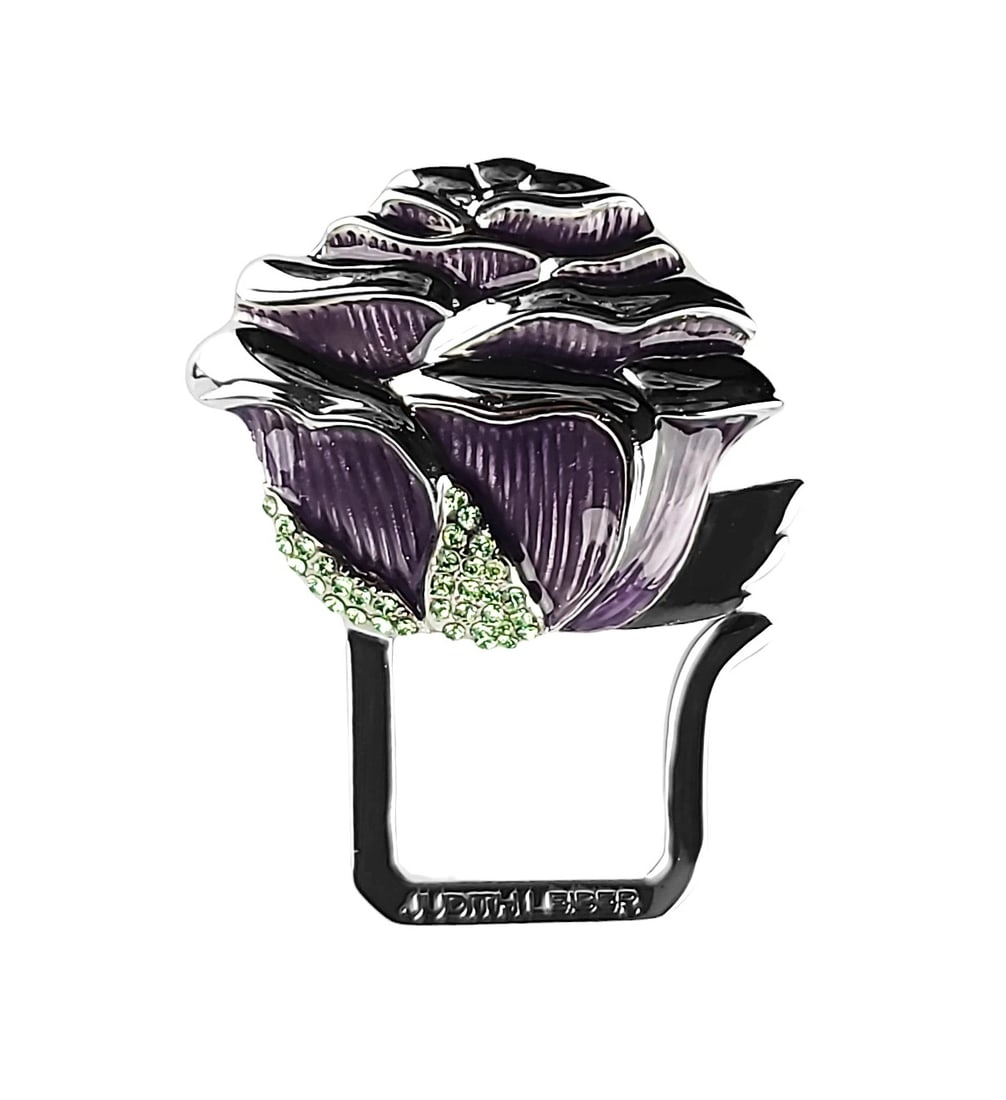JUDITH LEIBER Purple Rose Metal Keyring Swarovski Crystals Enamel USA