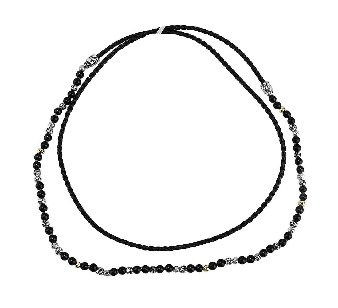 JOHN HARDY ST.SILVER CLASSIC CHAIN GOLD ONYX BEADS LEATHER NECKLACE 32" 137N