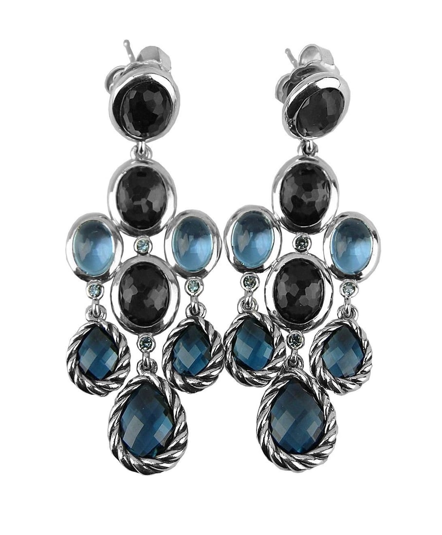 DAVID YURMAN ST. SILVER CHANDELIER DANGLING ULTRAMARINE TOPAZ EARRINGS NEW 25E: 100% BRAND NEW IN ORIGINAL BOX & POUCH100% AUTHENTICAbsolutely UNIQUE & GORGEOUS! DAVID YURMANGORGEOUS DANGLING CUSHIONBLUE ULTRAMARINE, TOPAZ EARRINGS - # 25EPlease See ALL 7 Pictures, as they are Ma