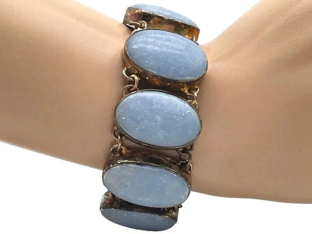 Gorgeous Vintage Blue Anhydrite Large Stones STERLING SILVER BRACELET 64 Grams