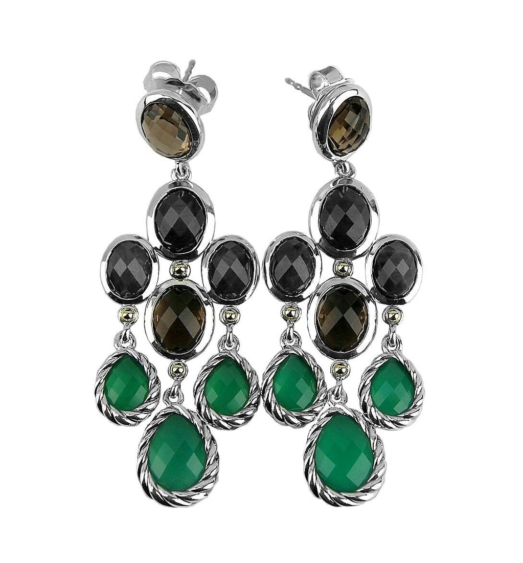 DAVID YURMAN ST. SILVER 18K GOLD CHANDELIER DANGLING GREEN ONYX EARRINGS: 100% AUTHENTICAbsolutely UNIQUE & GORGEOUS! DAVID YURMANGORGEOUS DANGLING CUSHIONGREEN ONYX QUARTZ EARRINGS - # 24EMADE OF SOLID .925 STERLING SILVERAND 18K YELLOW GOLDEarrings: 60 mm Long (2.35") x 2