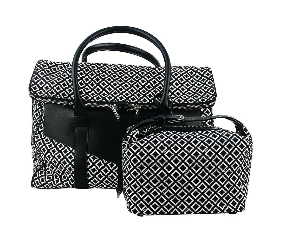 KITON NAPOLI SET OF WEEKEND BAG & ACCESSORIES CASE CANVAS & BLACK LEATHER: KITON NAPOLISET OF A LARGE WEEKEND BAG & ACCESSORIES CASE. Diego Dolcini, formerly a designer for Gucci, Delved into the Kiton archives to find inspiration for this collection, His first for the brand