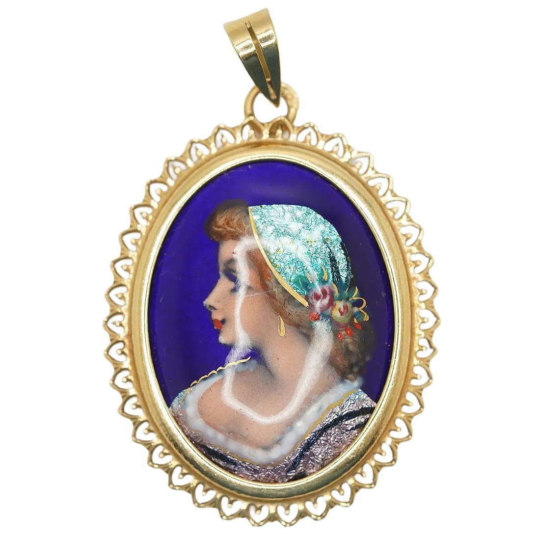 1860-80s 14k Gold Blue Enameled Pendant w/ Hand Painted Maiden with Opal Foil 3.4 Grams Total Weight: Rare Antique 1860-80s 14k Solid Gold Blue Enameled Pendant w/ Hand Painted Maiden with Opal Foil, Total Weight is 3.4 Grams, 100% Authentic, Great Gift.In Excellent Antique Condition. See Pictures.