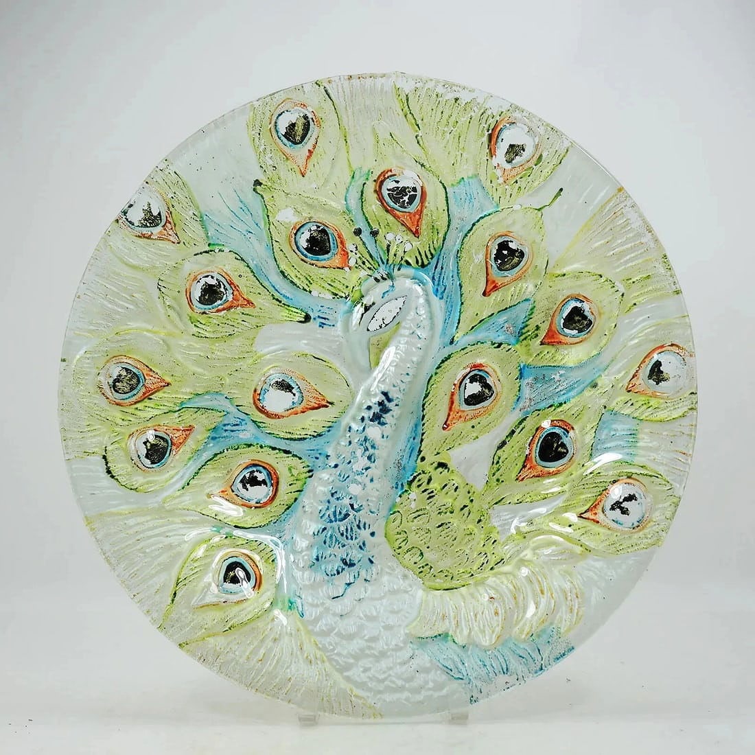 Large Round Glass Charger with Embossed Peacock, Hand Painted. Size: 2.75H X 18W (1 of 11)