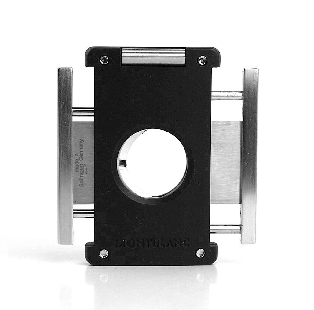 MONTBLANC GUILLOTINE DOUBLE BLADE CIGAR CUTTER SOLINGEN: MONTBLANC GUILLOTINE DOUBLE BLADE CIGAR CUTTERWITH LEATHER POUCH.RARE AND AMAZING ITEM TO OWN!STAINLESS STEEL BLADESSARTORIAL SERIES100% AUTHENTIC & 100% BRAND NEW.2.7" Tall x 1.65" Wide (Closed) x 0.