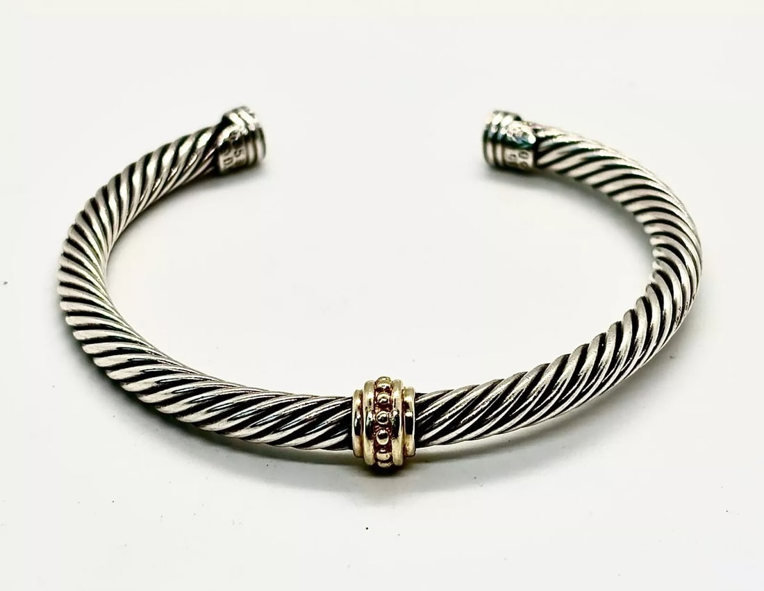 David Yurman Sterling Silver 14K Gold Cable Beaded Spacer Cuff Bracelet #28 (1 of 7)