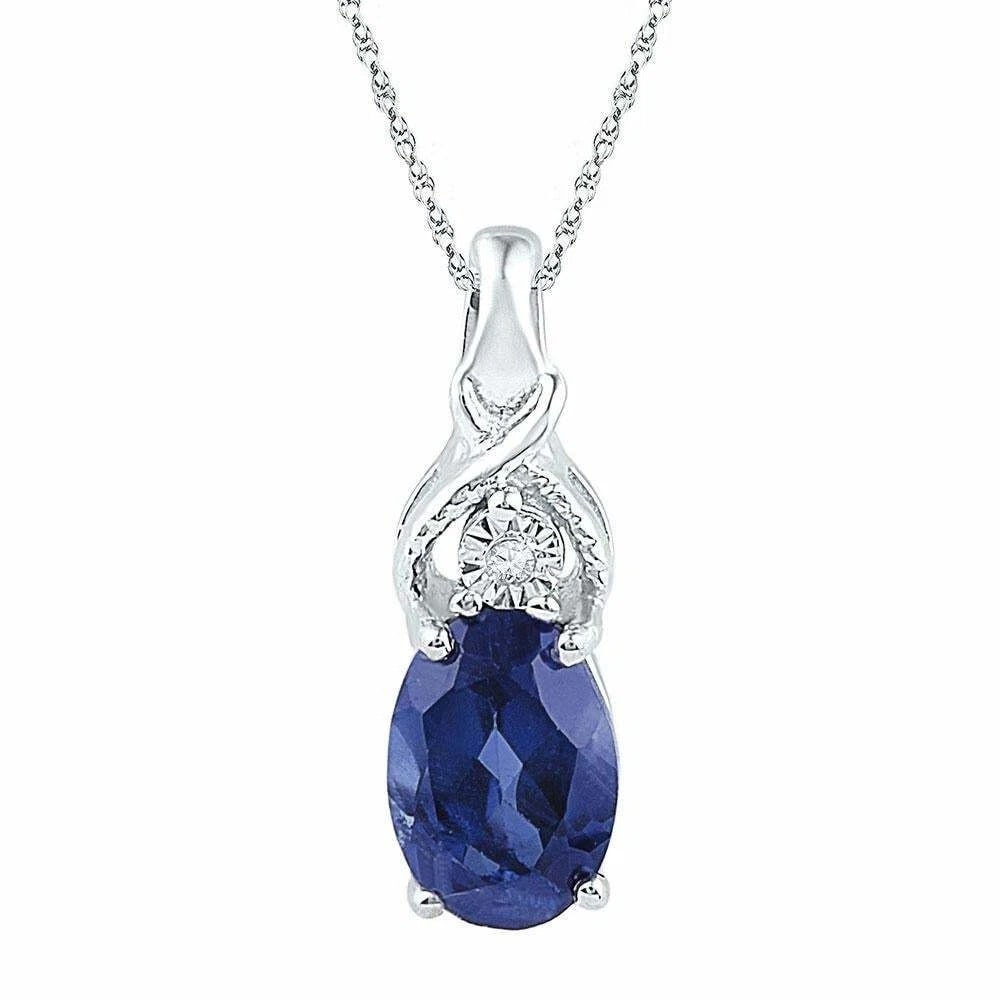 Gorgeous Sterling Silver Oval Lab-Created Blue Sapphire Real Diamond Pendant NEW: Sterling Silver Oval Lab-Created Blue Sapphire Solitaire Diamond Pendant 7/8 Cttw DescriptionSterling Silver Womens Oval Lab-Created Blue Sapphire Solitaire Diamond Pendant 7/8 CttwGemstone Details7/8