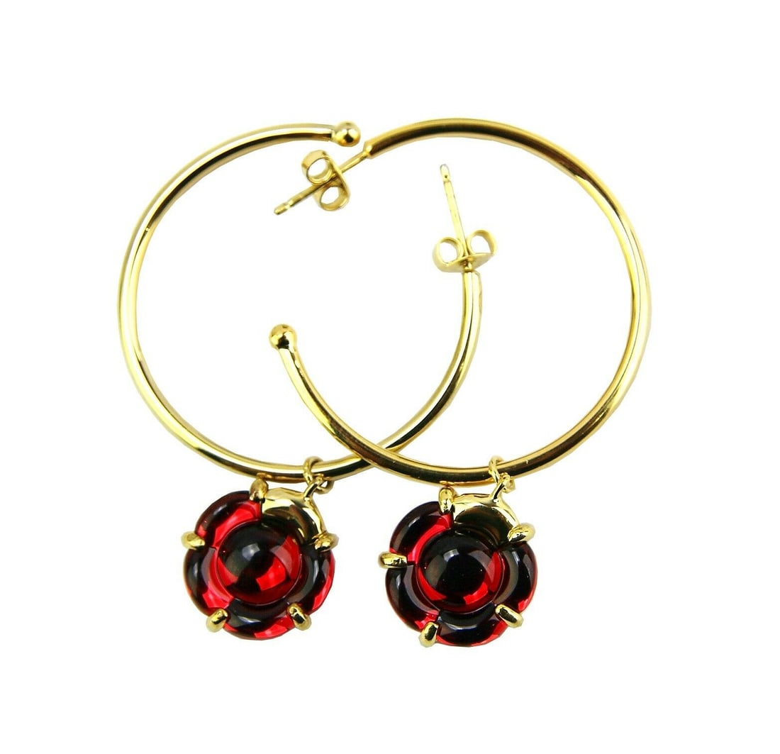 BACCARAT JEWELRY B FLOWER STERLING SILVER VERMEIL RED MIRROR HOOP EARRINGS