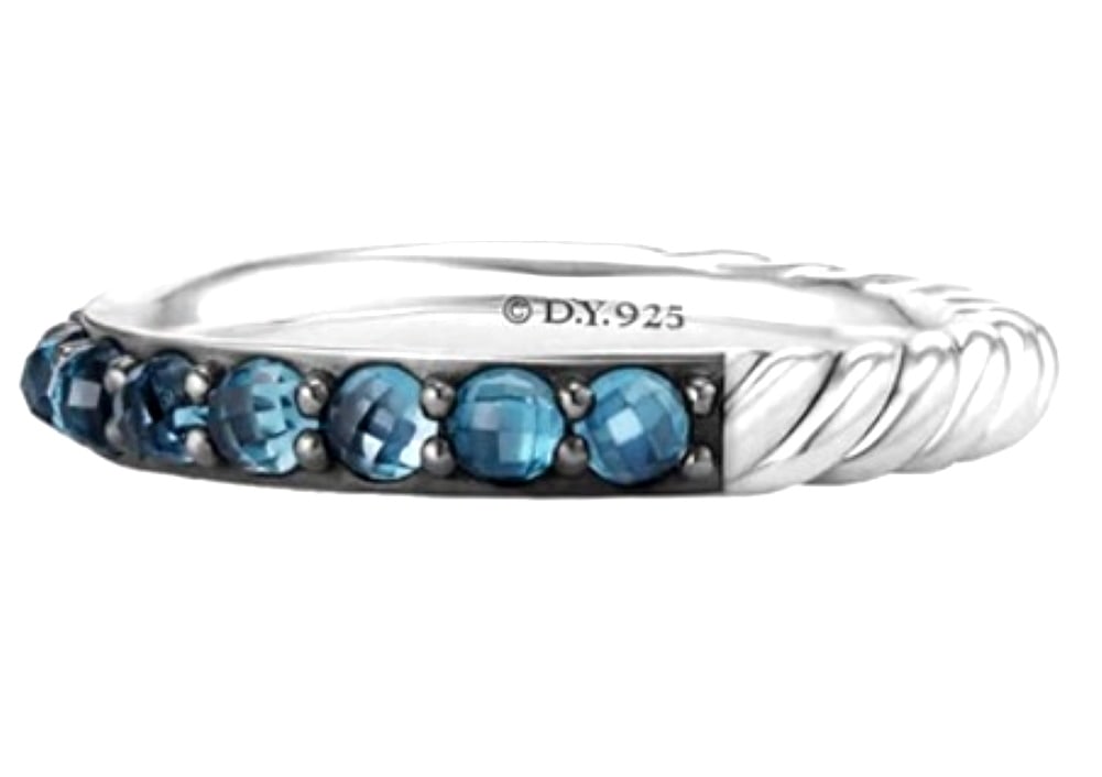 David Yurman 3mm Cable Berries Blue Topaz Band Ring: GORGEOUS David Yurman 3mm Cable Berries Blue Topaz & Sterling Silver Band Ring # 39R. MADE OF SOLID .925 Sterling Silver and darkened sterling silver. Size 7. Comes with ORIGINAL BOX, POUCH & POLISHIN