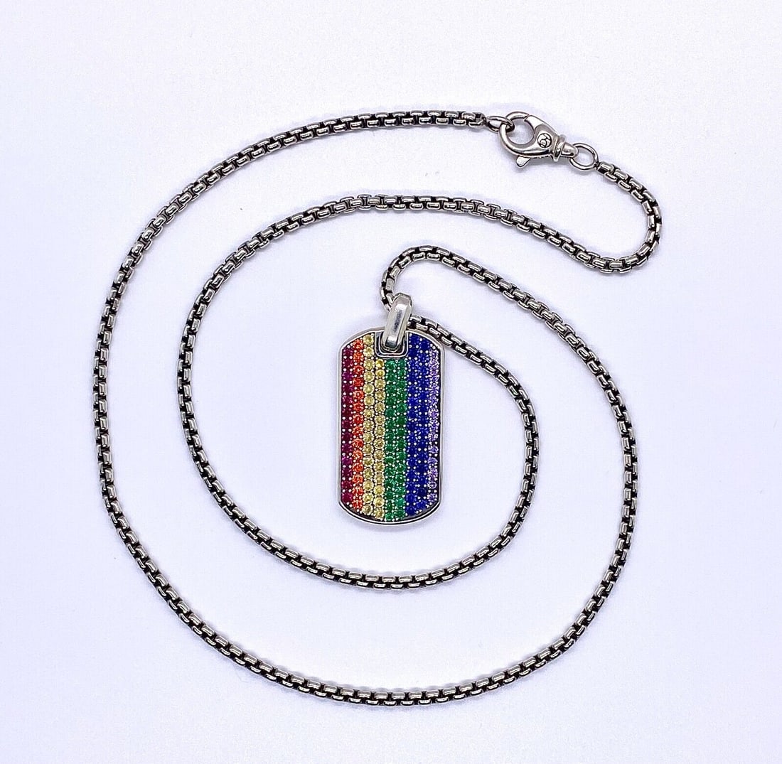 David Yurman Silver Streamline Rainbow Pride Dog Tag Pendant & Chain