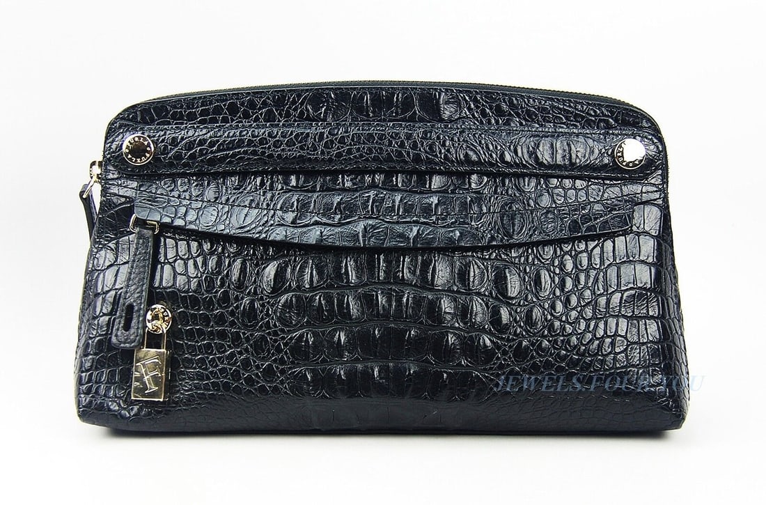 FURLA BLACK ALLIGATOR EMBOSSED 12,5" EVENING CLUTCH BAG HANDBAG