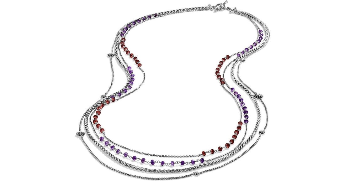 DAVID YURMAN STARBURST ST. SILVER AMETHYST GARNET BEAD 36" NECKLACE NEW BOX 6N: 100% BRAND NEW IN ORIGINAL BOX & POUCH100% AUTHENTICAbsolutely UNIQUE & GORGEOUS! DAVID YURMANGORGEOUS STARBURST GARNET & AMETHYST BEAD & CHAIN NECKLACE - #6NMADE OF SOLID .STERLING SILVER4 CHAINS, WI