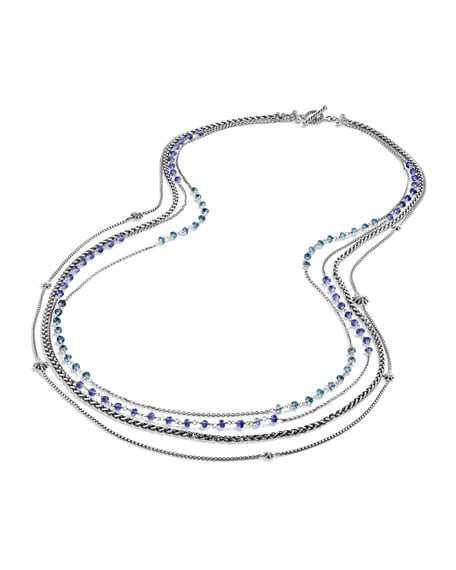 DAVID YURMAN STARBURST ST. SILVER IOLITE BLUE TOPAZ BEAD 36" NECKLACE: DAVID YURMANGORGEOUS STARBURST BLUE TOPAZ & IOLITE BEAD & CHAIN NECKLACE - #7NMADE OF SOLID .STERLING SILVER4 CHAINS, WITH NATURAL BLUE TOPAZ & IOLITEBeads: 4 mm DiameterStarburst (Largest): 9 mmChain