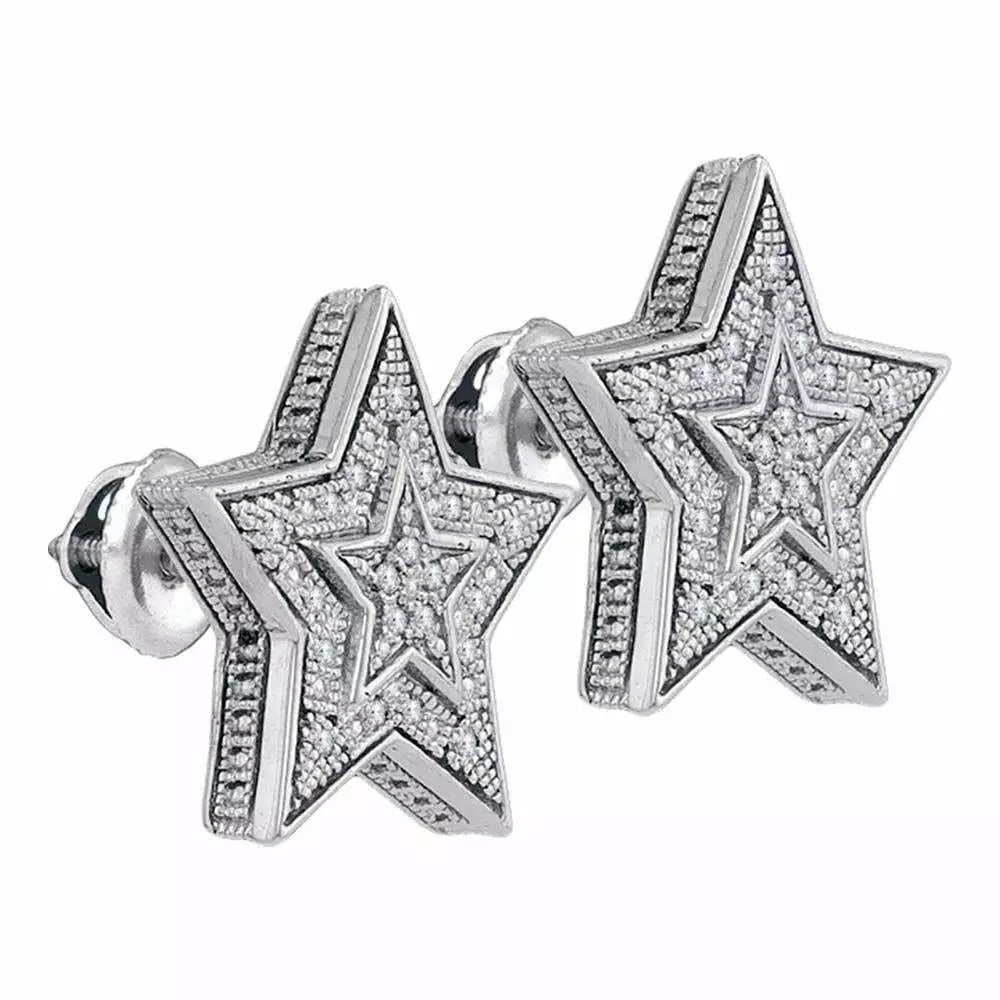 Gorgeous Sterling Silver Real Diamonds 1/8 Cttw Star Cluster Stud Earrings