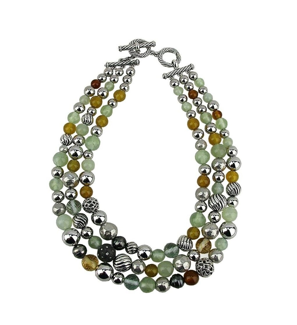 DAVID YURMAN 18" JASMIN DIAMOND 3 ROW BALL NECKLACE: DAVID YURMANTHREE ROW BALL & DIAMONDS NECKLACE - #26 MADE OF SOLID STERLING SILVER 3 STRINGS OF SEMIPRECIOUS STONES 13 mm Largest, 10 mm Medium & 8 mm Smallest ONE BLACK CAVIAR WITH WHITE DIAMONDS 13 
