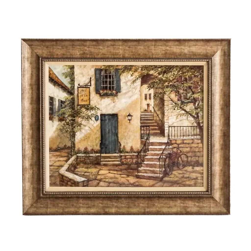 Ruane Manning Original Framed painting. 26" By 22" Exquisite Art Work.: Ruane Manning (American, b. 1938) giclee on board depicting a French village street scene outside of a "Hotel de la Place", signed lower right. [22 1/4" H x 26 1/4" W]. In overall good vintage conditi