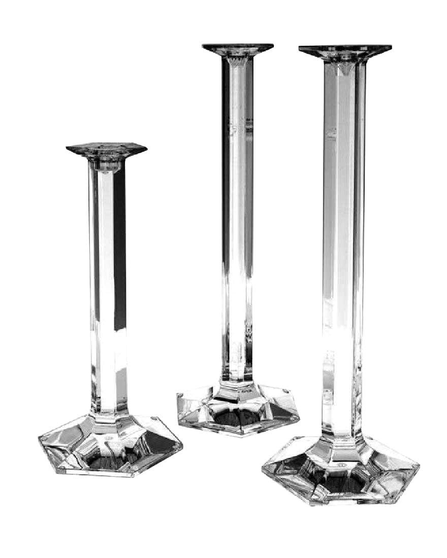 Baccarat Set of 3 Crystal Pillar Candlesticks Hexagon 2 x 17.5 H, 1 x 13.5 H: Monumental Set of 3 Baccarat Crystal Tall Pillar Candlesticks, Hexagon form, modernist design. Etched and script marks. Set of 3 Will fit 1" candle. MADE IN FRANCE NEW, NO BOX. 2 Candlesticks are 17.5