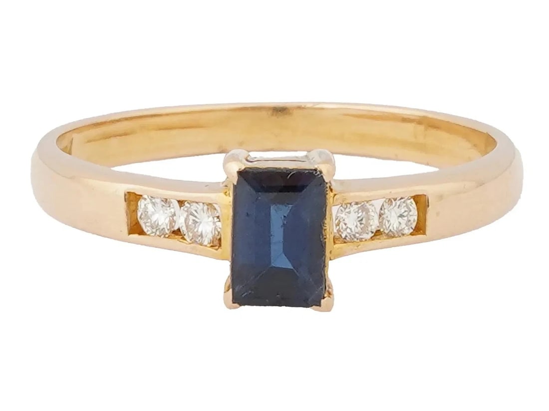 ELEGANTE VINTAGE 18K YELLOW GOLD BLUE TOPAZ DIAMOND RING SIZE 7.5 WEIGHT 3.1 gms