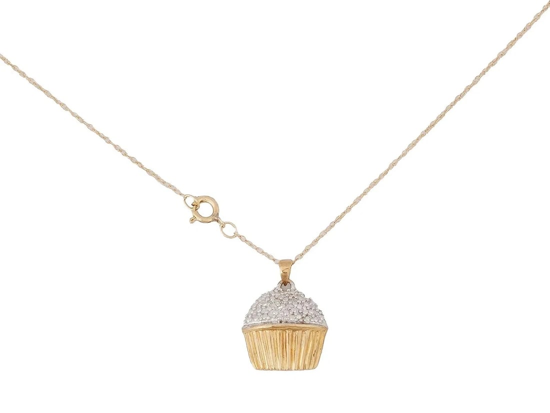 VINTAGE GORGEOUS 10K SOLID GOLD JEWELED CUPCAKE PENDANT ON 18" 10K GOLD CHAIN (1 of 5)